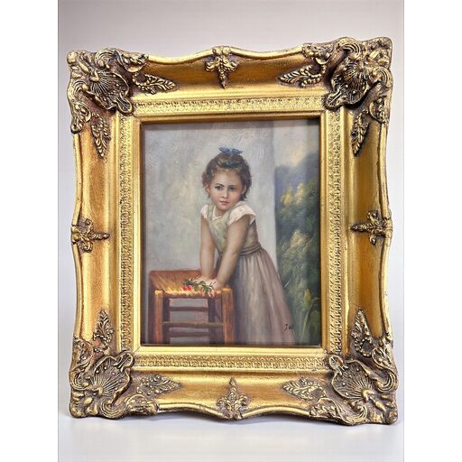 תמונה של ציור עתיק, דמות ילדה, שמן על עץ